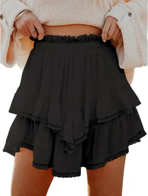 Flowy Boho Skorts for Women, High Waist Ruffle Tiered Mini Skirts with Built, Crochet, Cute Versatile Shorts