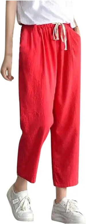 FZYLQY Cotton Linen Cropped Pants for Women Casual Straight Leg Drawstring Elastic Waist Capris Loose Lounge Trousers