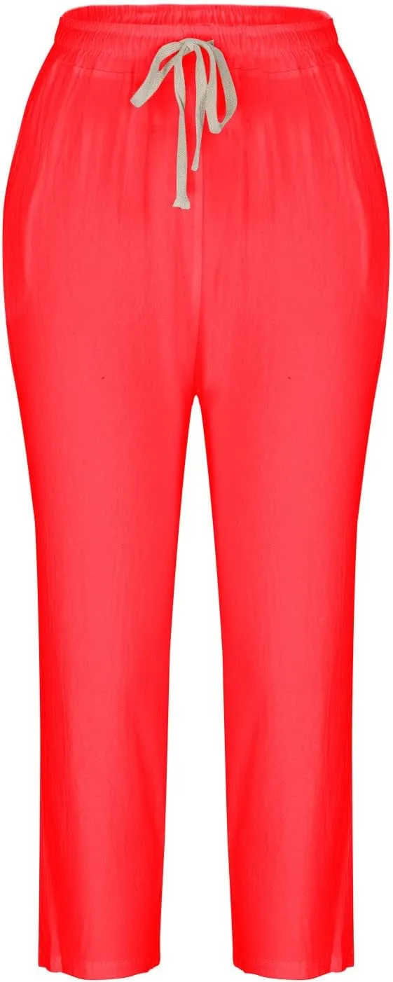FZYLQY Cotton Linen Cropped Pants for Women Casual Straight Leg Drawstring Elastic Waist Capris Loose Lounge Trousers