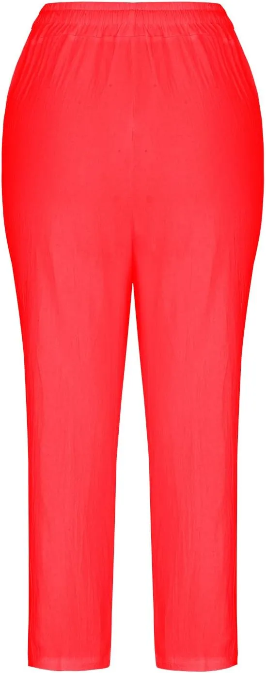 FZYLQY Cotton Linen Cropped Pants for Women Casual Straight Leg Drawstring Elastic Waist Capris Loose Lounge Trousers