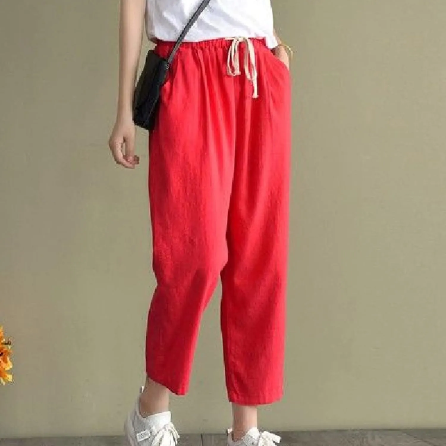 FZYLQY Cotton Linen Cropped Pants for Women Casual Straight Leg Drawstring Elastic Waist Capris Loose Lounge Trousers