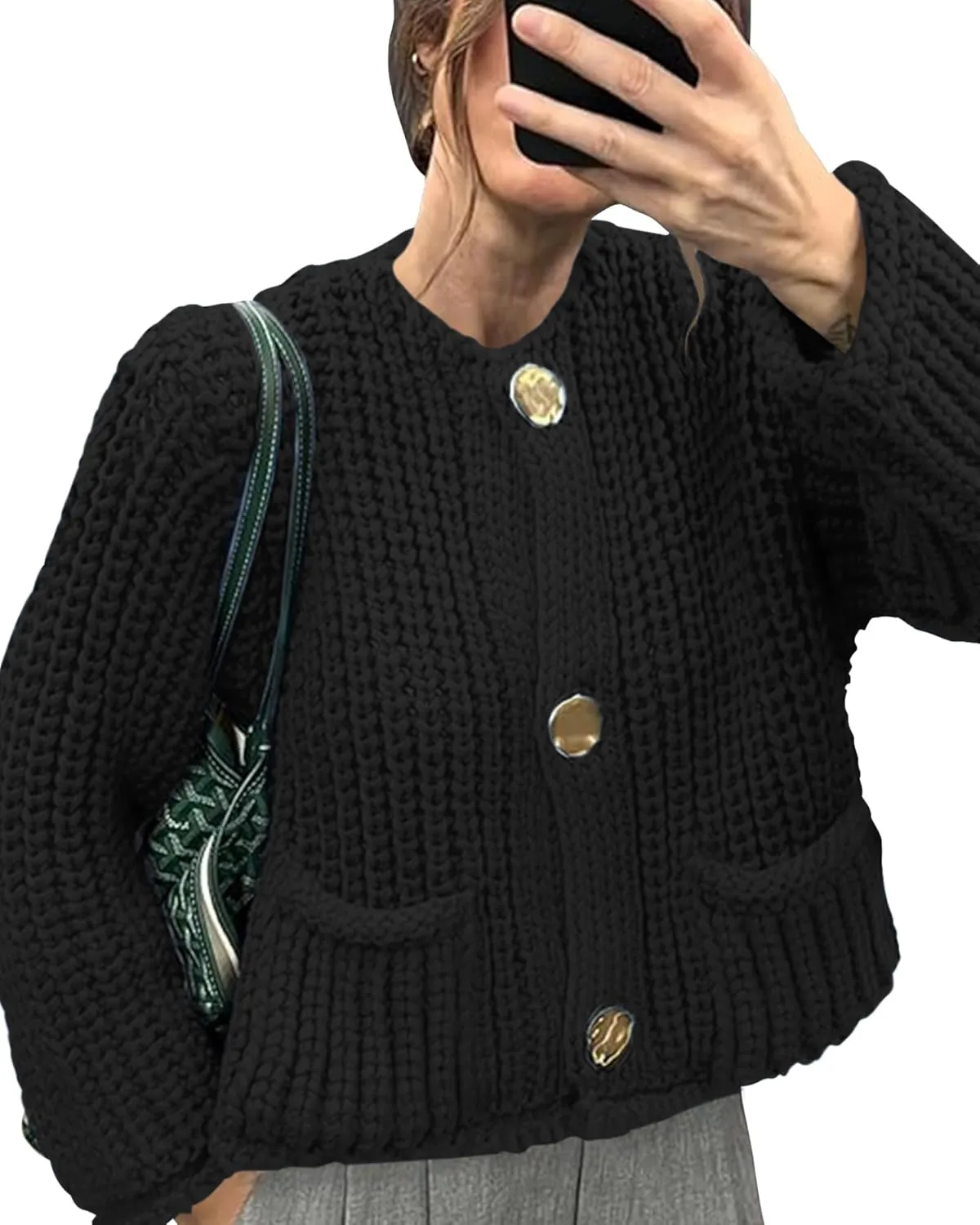 Gacaky Women's Crochet Chunky Knit Cardigan Sweater Casual Button Down Crop Tops Trendy Cardigan Sweater Jacket for Women