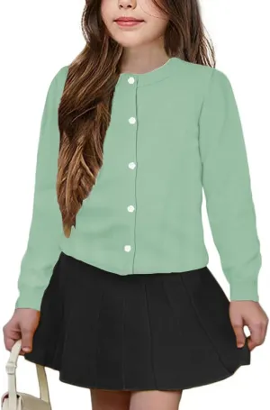 Girls' Cardigan Sweater [Cute Petal Buttons] Cotton Long Sleeve Crewneck Uniform Sweater for 5-14 Years Girls