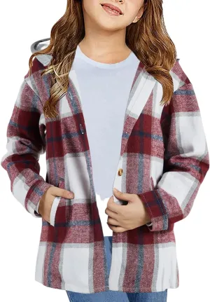 Girls Cute Flannel Plaid Button Down Top with Pockets Long Sleeve Hooded Jacket