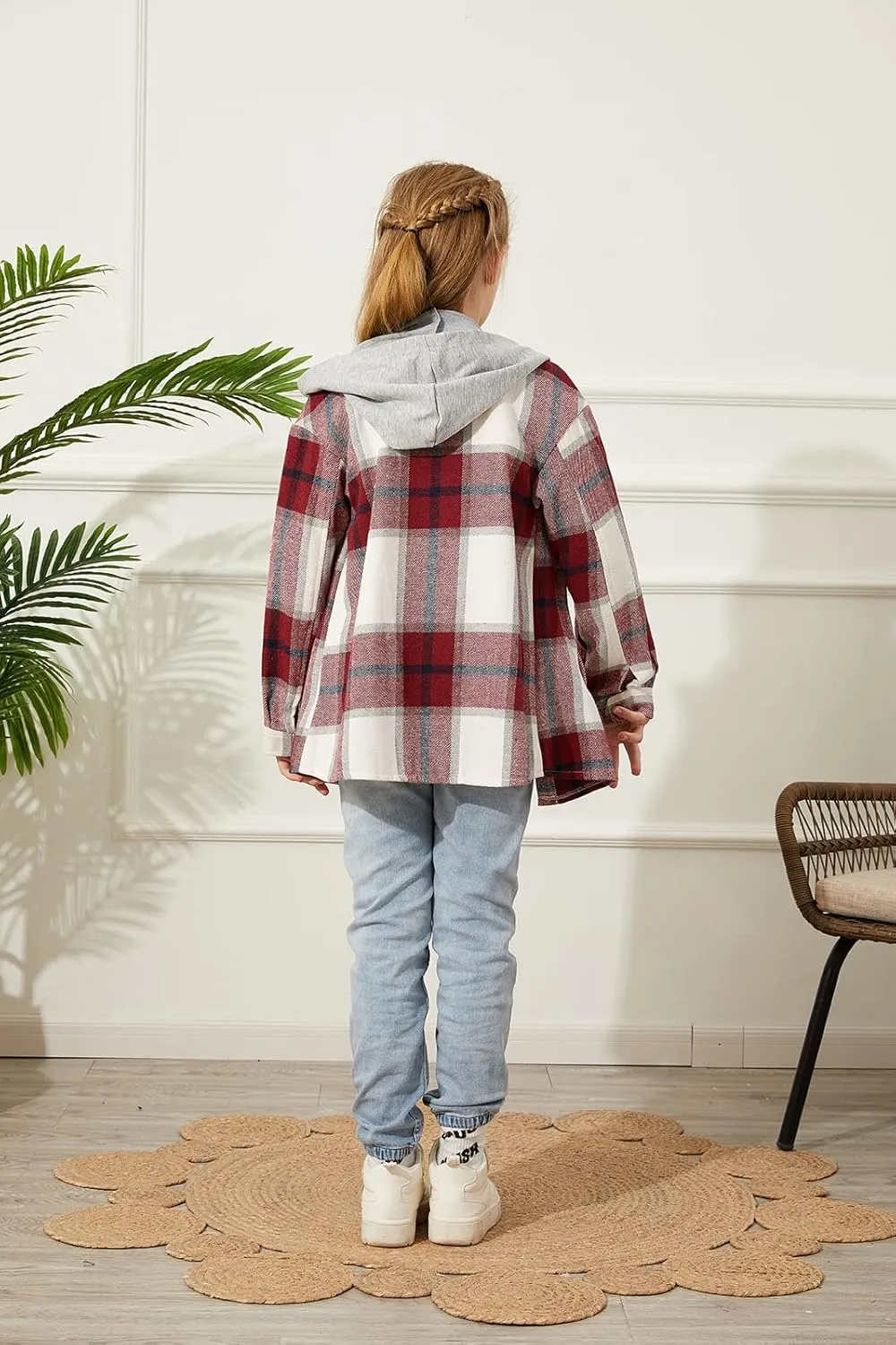 Girls Cute Flannel Plaid Button Down Top with Pockets Long Sleeve Hooded Jacket