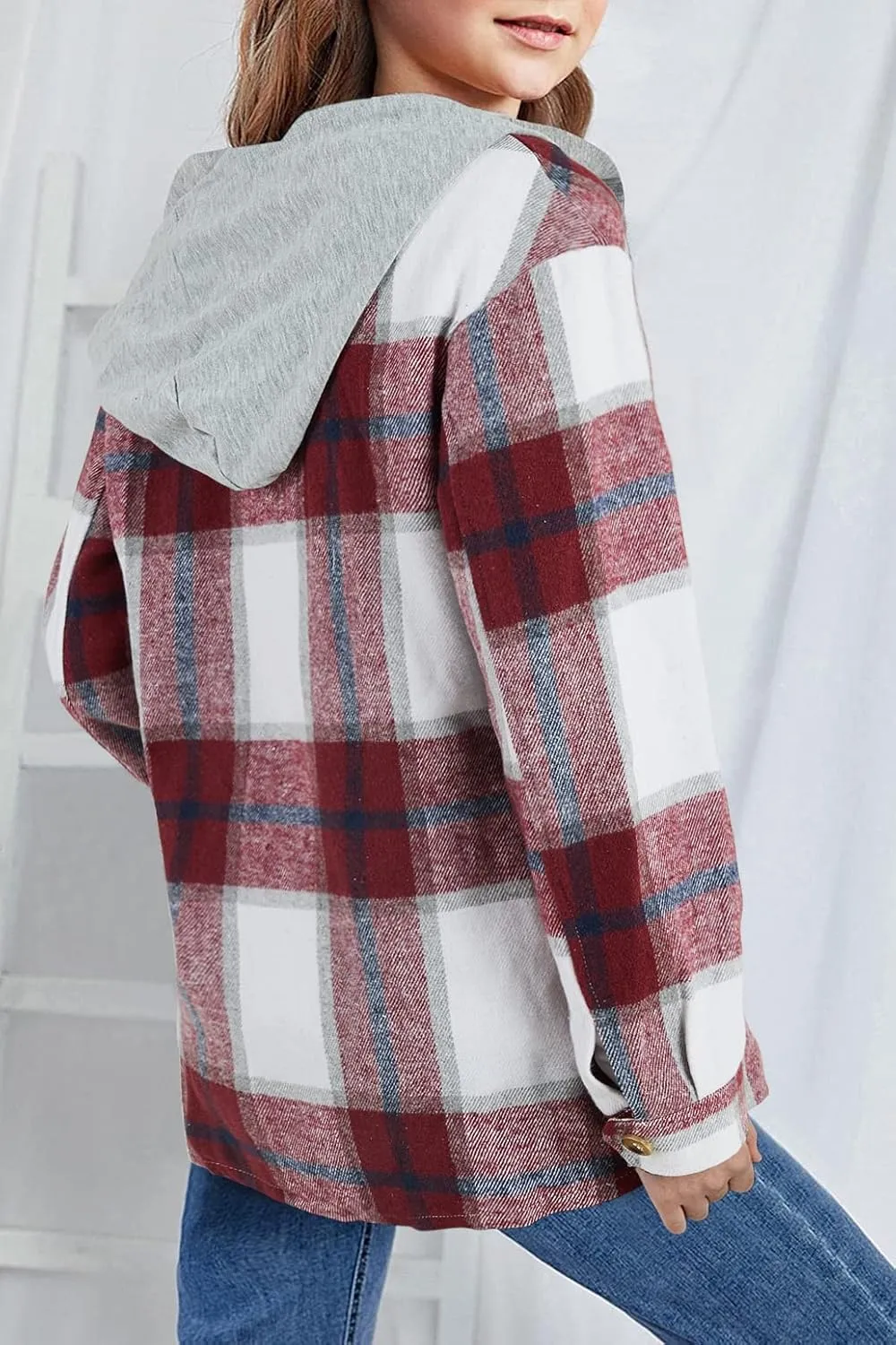 Girls Cute Flannel Plaid Button Down Top with Pockets Long Sleeve Hooded Jacket