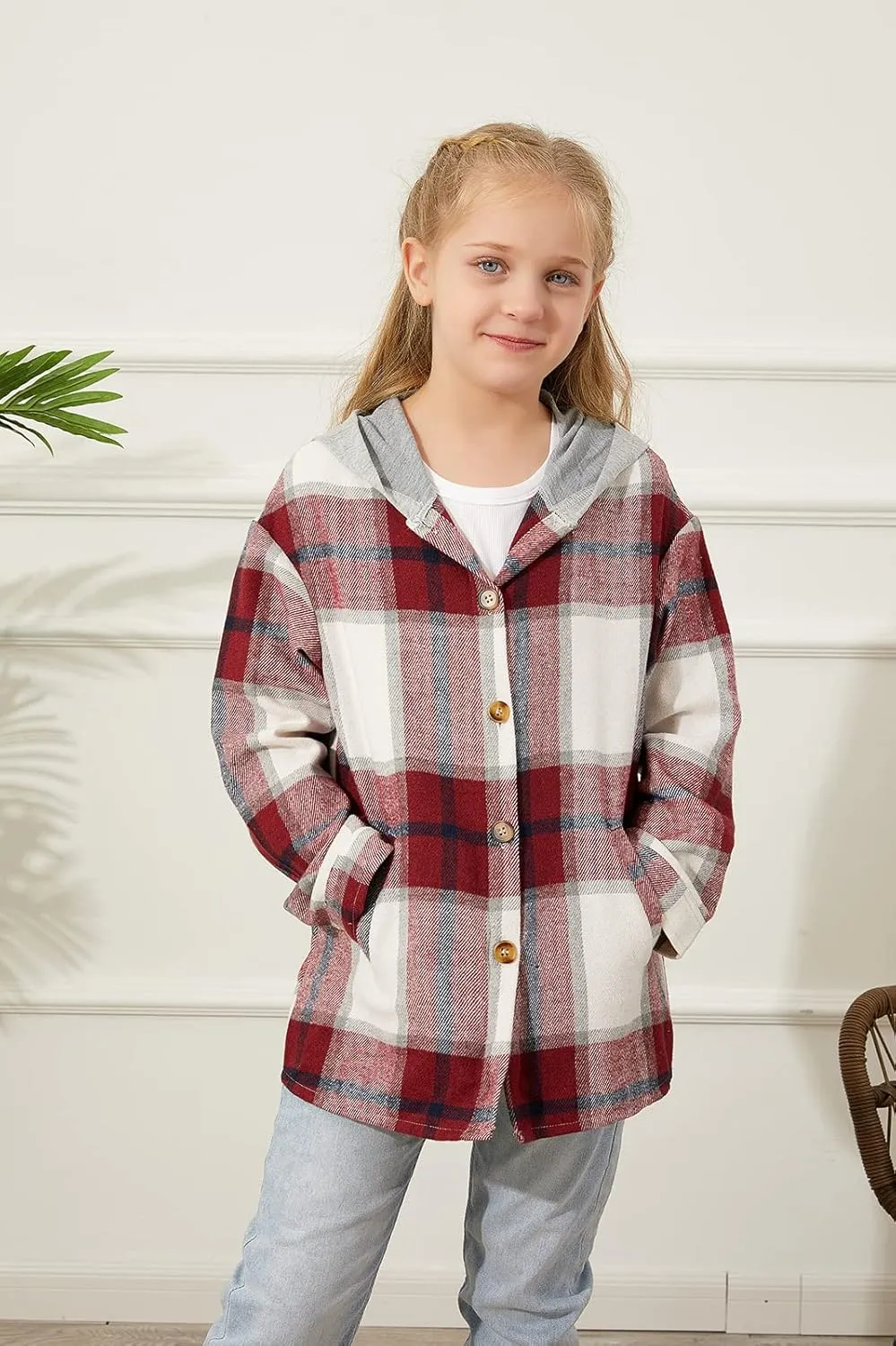 Girls Cute Flannel Plaid Button Down Top with Pockets Long Sleeve Hooded Jacket