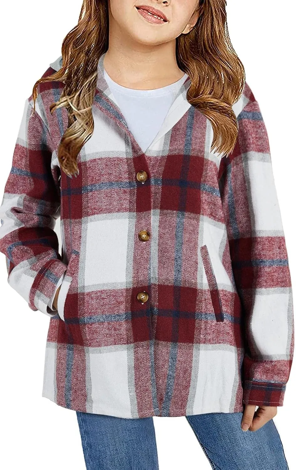 Girls Cute Flannel Plaid Button Down Top with Pockets Long Sleeve Hooded Jacket