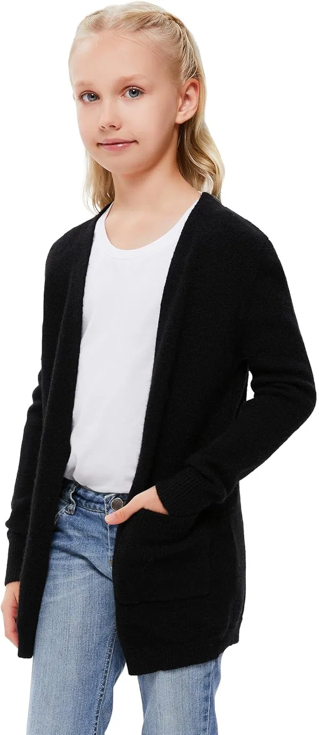 Girl's Open Front Cardigan Long Sleeve Knit Sweaters Kids Solid Cute Casual Loose Outerwear Coats with Pockets