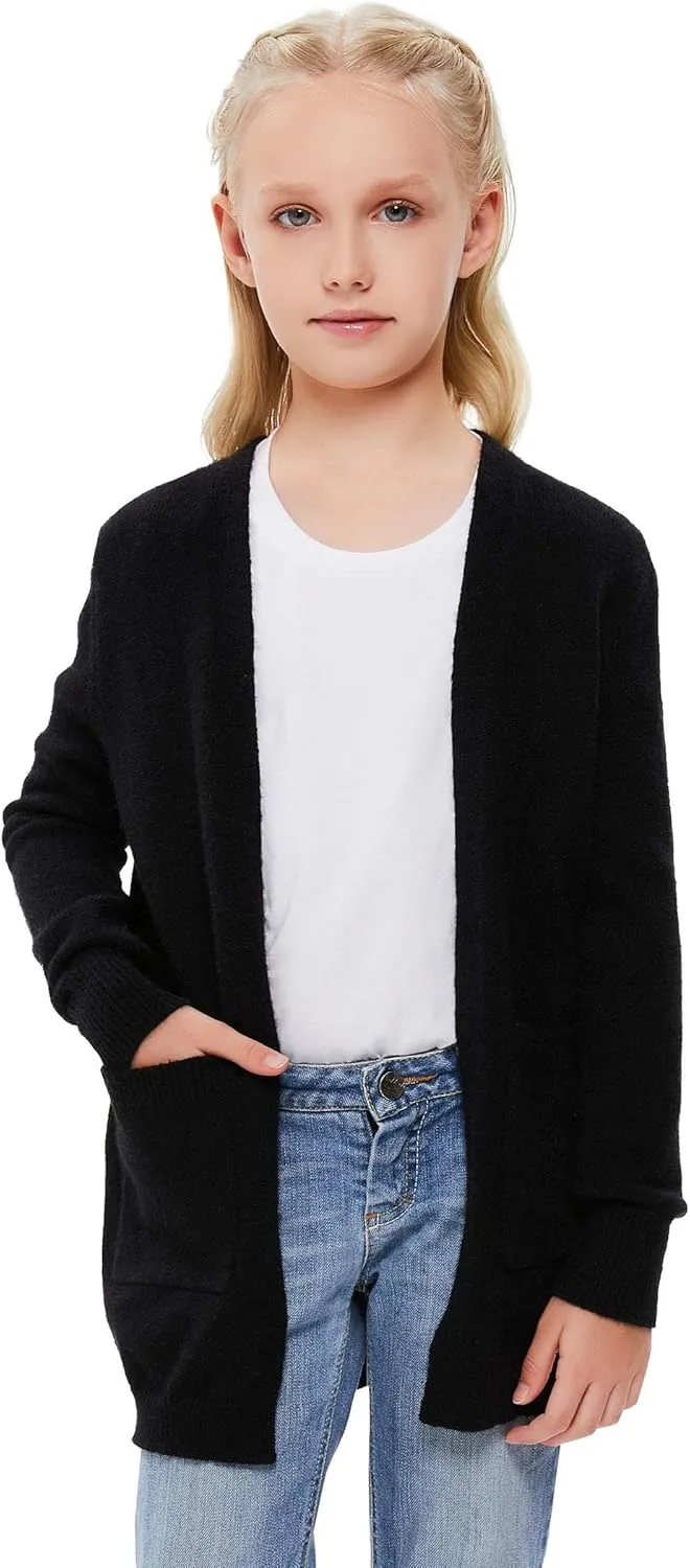 Girl's Open Front Cardigan Long Sleeve Knit Sweaters Kids Solid Cute Casual Loose Outerwear Coats with Pockets