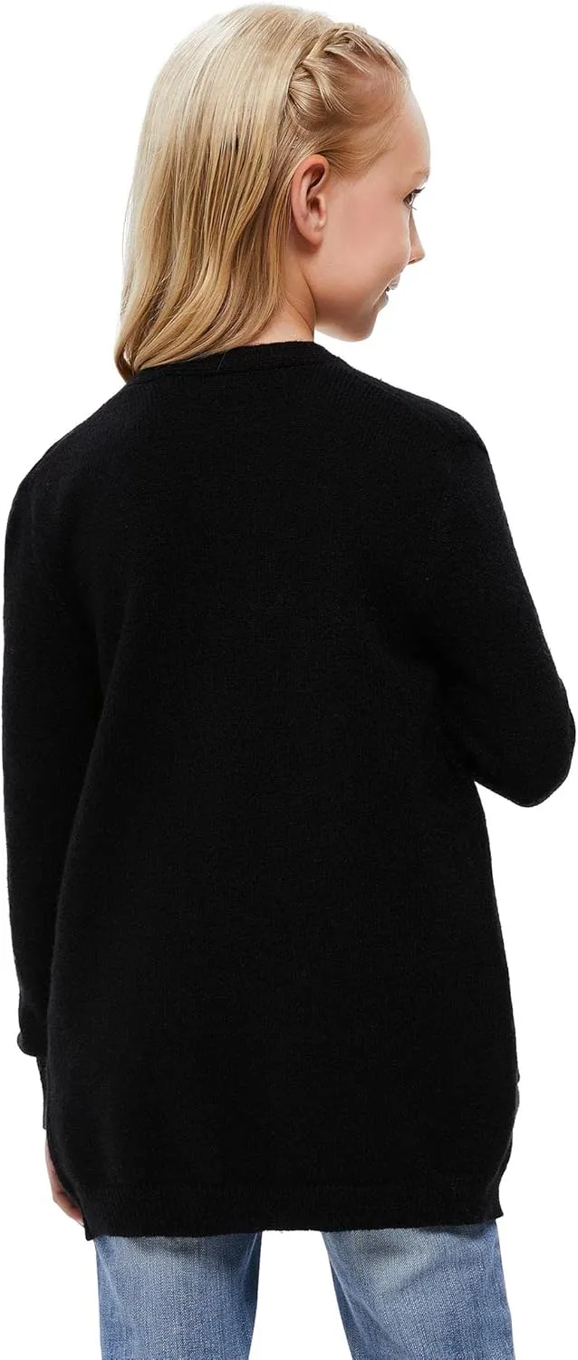 Girl's Open Front Cardigan Long Sleeve Knit Sweaters Kids Solid Cute Casual Loose Outerwear Coats with Pockets