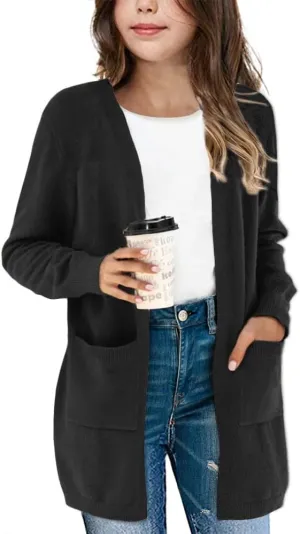 Girl's Open Front Cardigan Long Sleeve Knit Sweaters Kids Solid Cute Casual Loose Outerwear Coats with Pockets