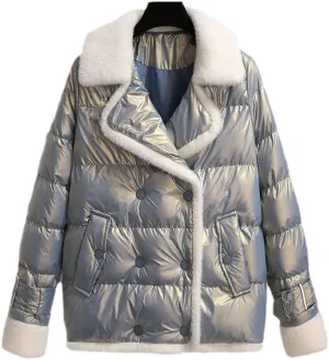 Glossy Parkas Double-Breasted Cotton Padded Women Winter Jacket Warm Thicken Short Coat Loose Female Outerwear