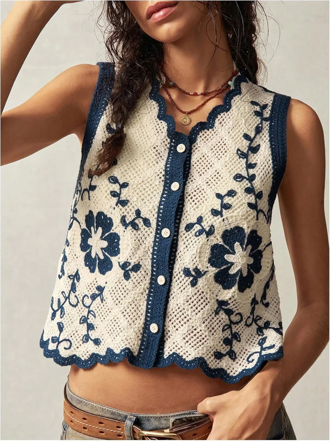 GORGLITTER Women's Embroidered Vest Crochet Vest Tops Floral Sleeveless Boho Tops 2025 Western Outfit