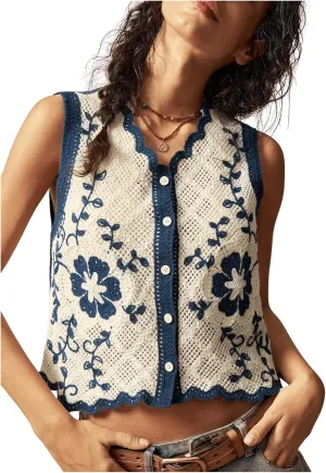 GORGLITTER Women's Embroidered Vest Crochet Vest Tops Floral Sleeveless Boho Tops 2025 Western Outfit