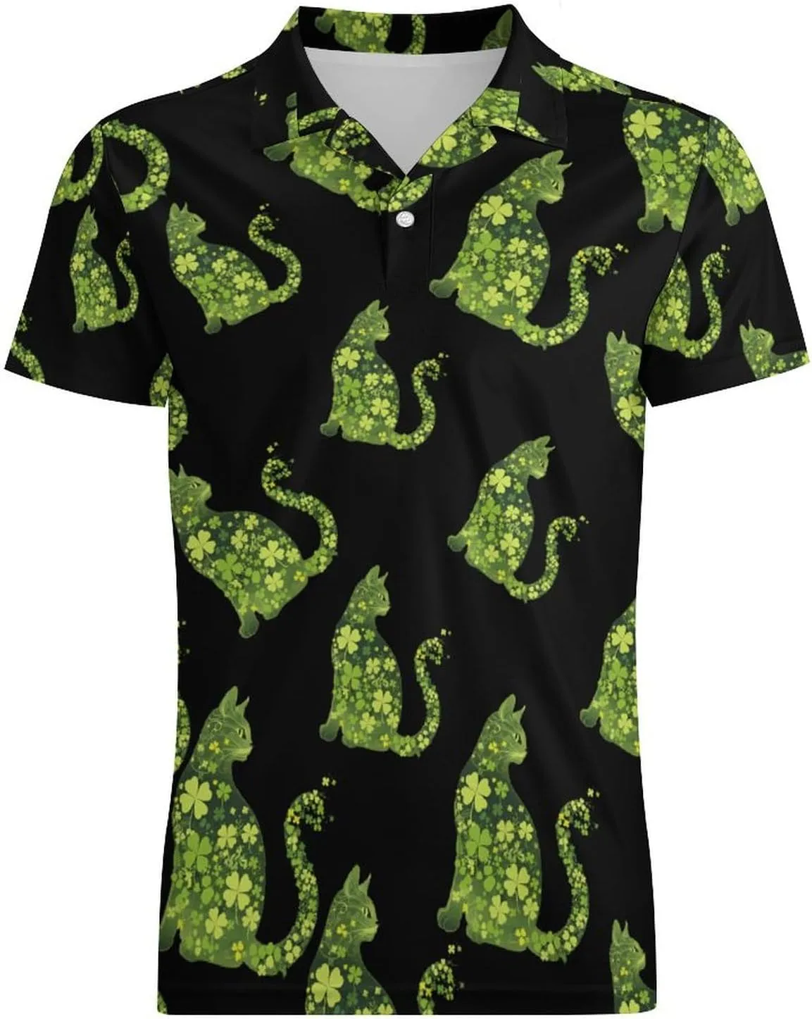 Green Cat Shamrocks St. Patricks Day Men's Polo Shirt Short Sleeve Casual Athletic Quick Dry Golf T-Shirts