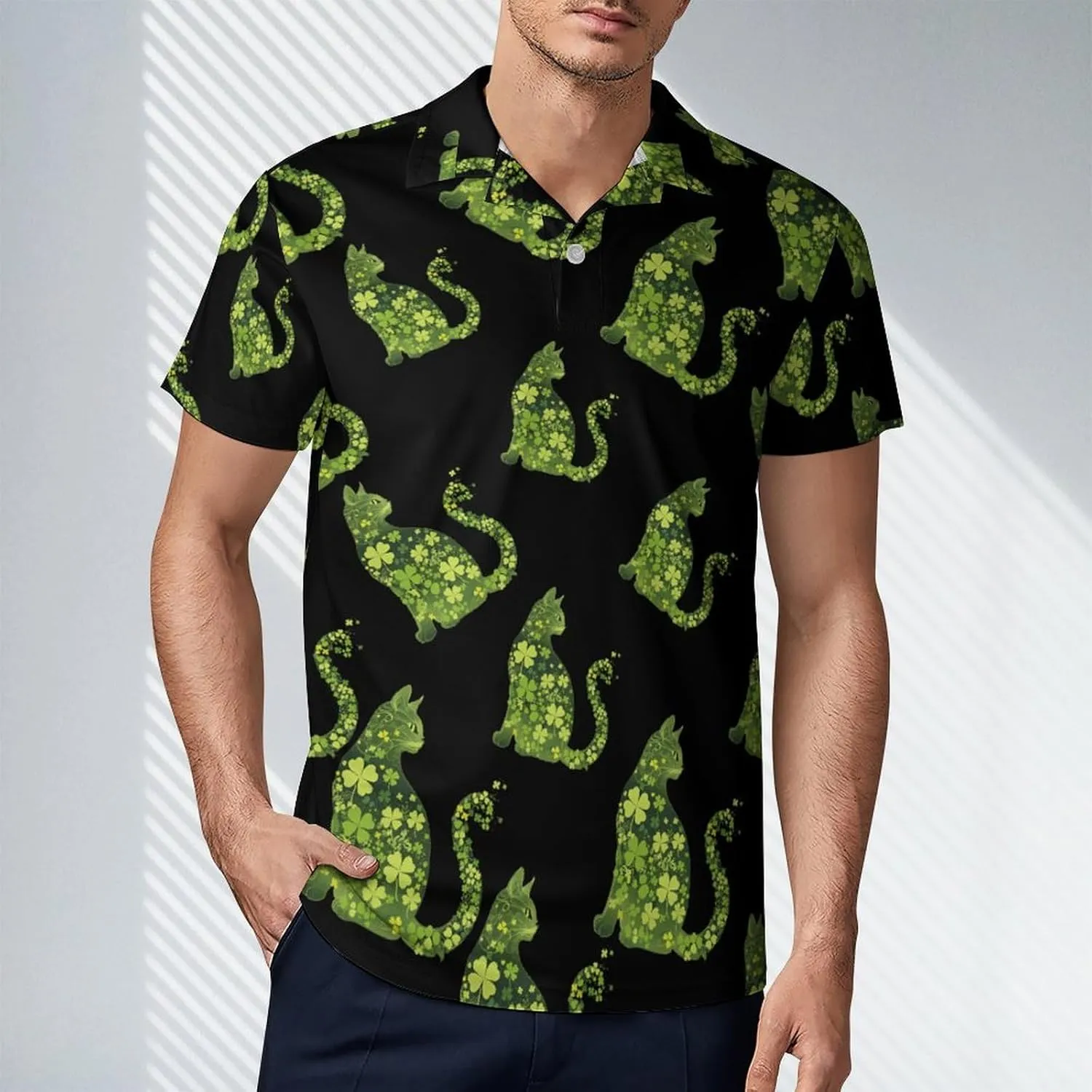Green Cat Shamrocks St. Patricks Day Men's Polo Shirt Short Sleeve Casual Athletic Quick Dry Golf T-Shirts