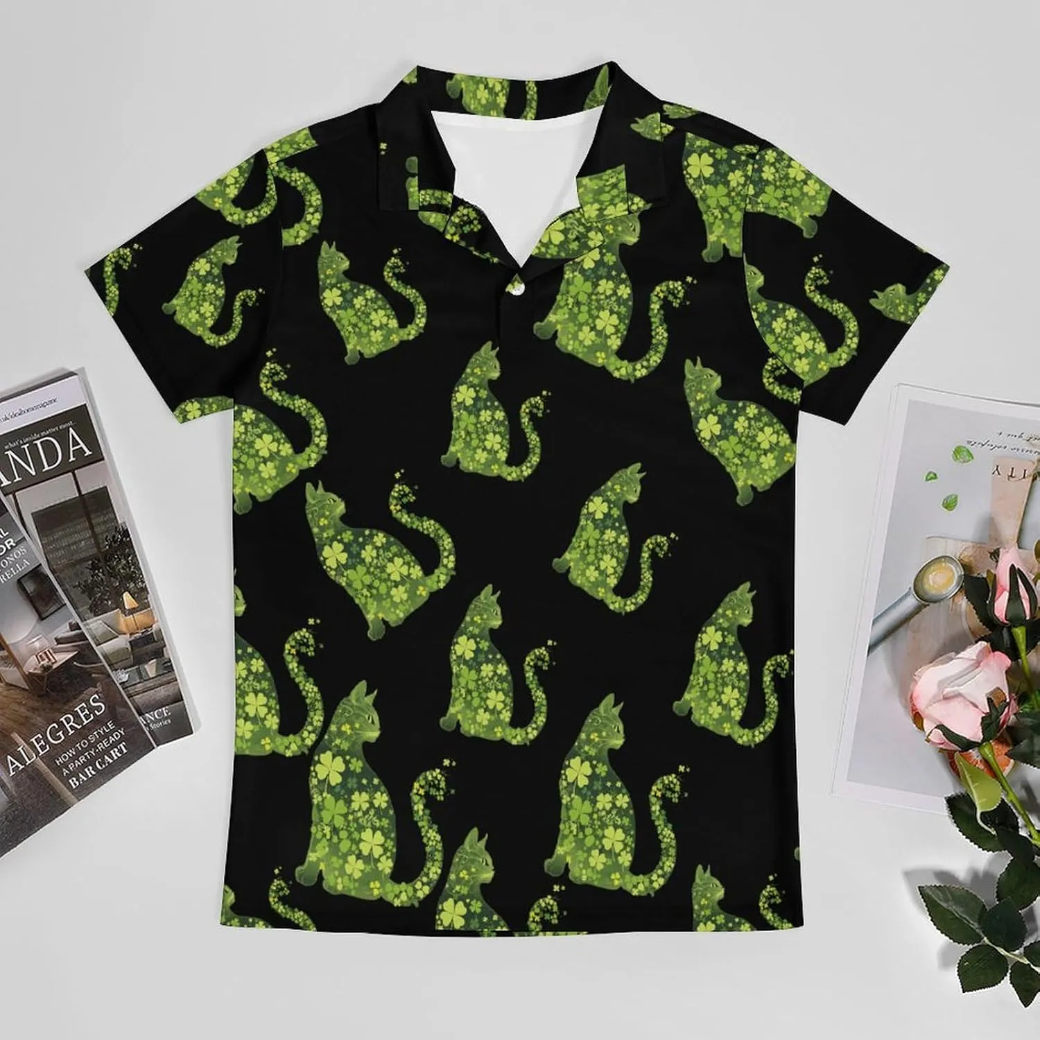 Green Cat Shamrocks St. Patricks Day Men's Polo Shirt Short Sleeve Casual Athletic Quick Dry Golf T-Shirts