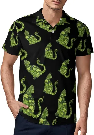 Green Cat Shamrocks St. Patricks Day Men's Polo Shirt Short Sleeve Casual Athletic Quick Dry Golf T-Shirts
