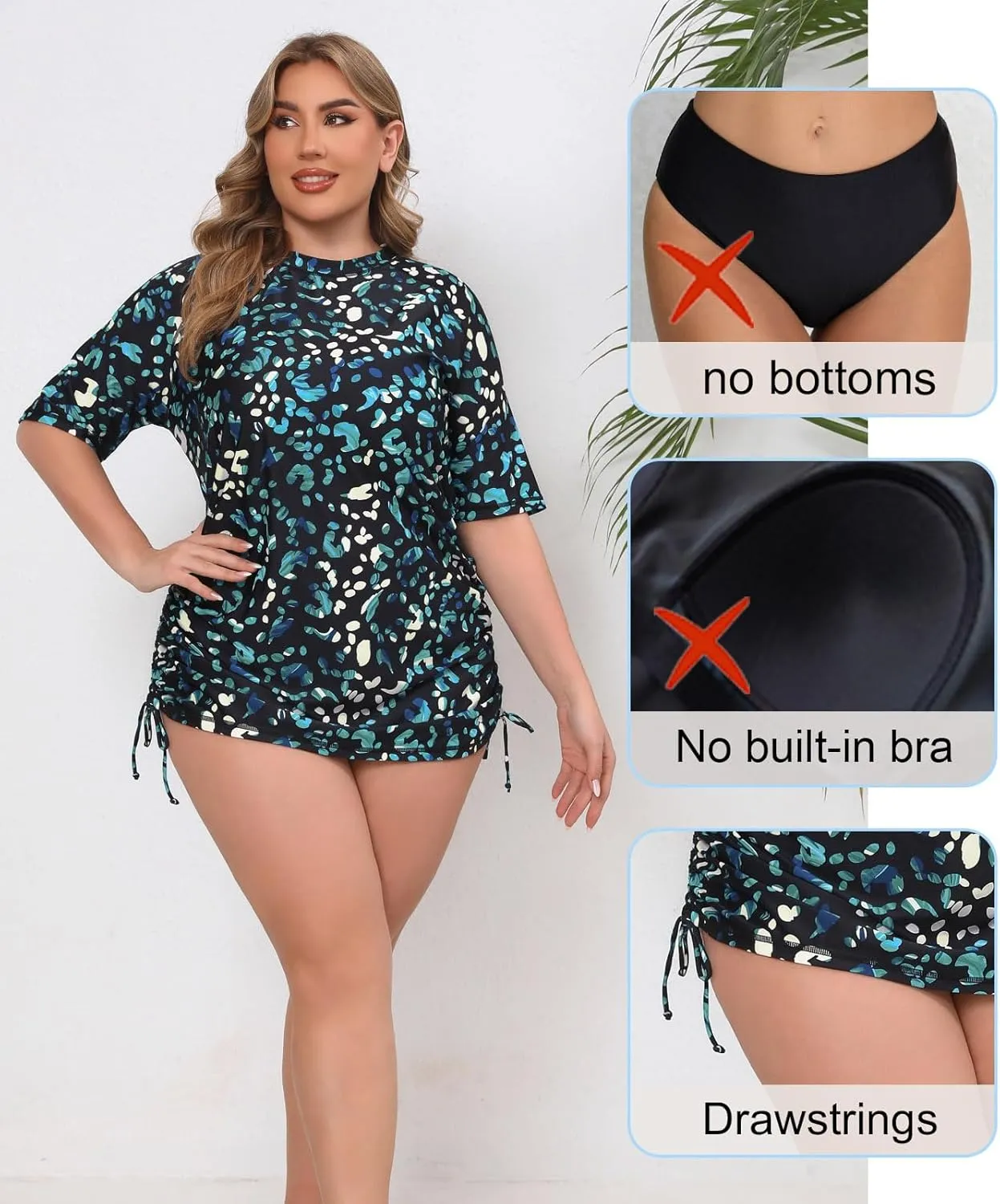 Halcurt Women's Plus Size Short Sleeve Rash Guard Ruched Side Drawstring Adjustable Swim Shirt UPF50 Quick Dry Swimsuit Top
