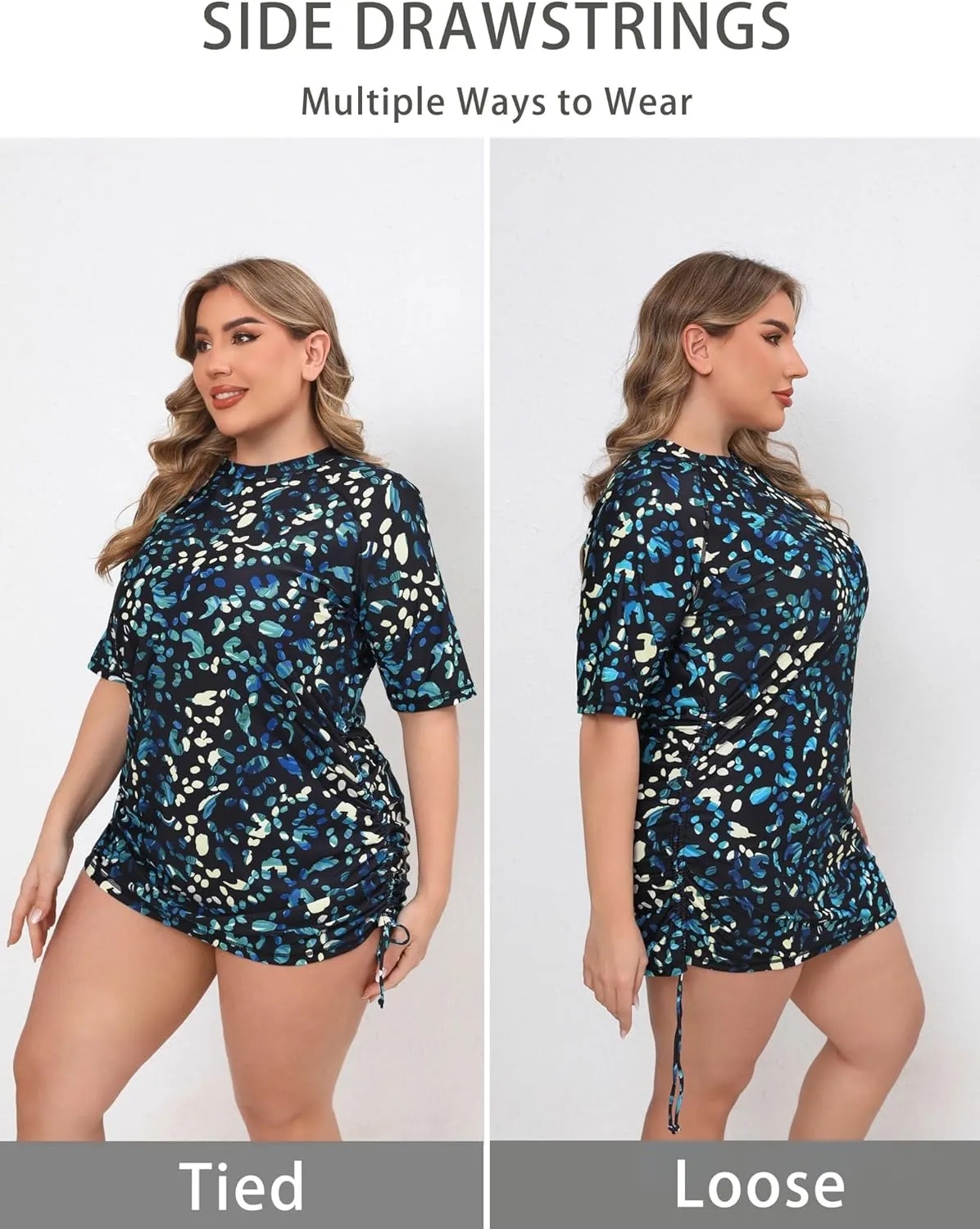 Halcurt Women's Plus Size Short Sleeve Rash Guard Ruched Side Drawstring Adjustable Swim Shirt UPF50 Quick Dry Swimsuit Top
