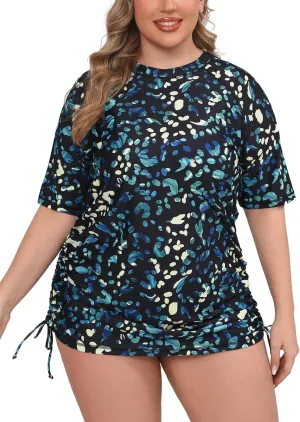 Halcurt Women's Plus Size Short Sleeve Rash Guard Ruched Side Drawstring Adjustable Swim Shirt UPF50 Quick Dry Swimsuit Top