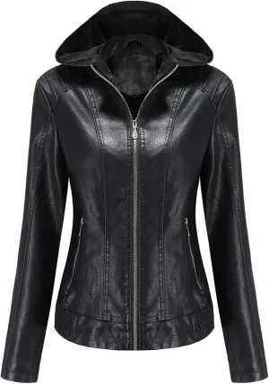 HALITOSS Women Classic Faux Leather PU Moto Biker Jacket Slim Fit Casual Zip Up Inner Fleece Coat With Hoodies