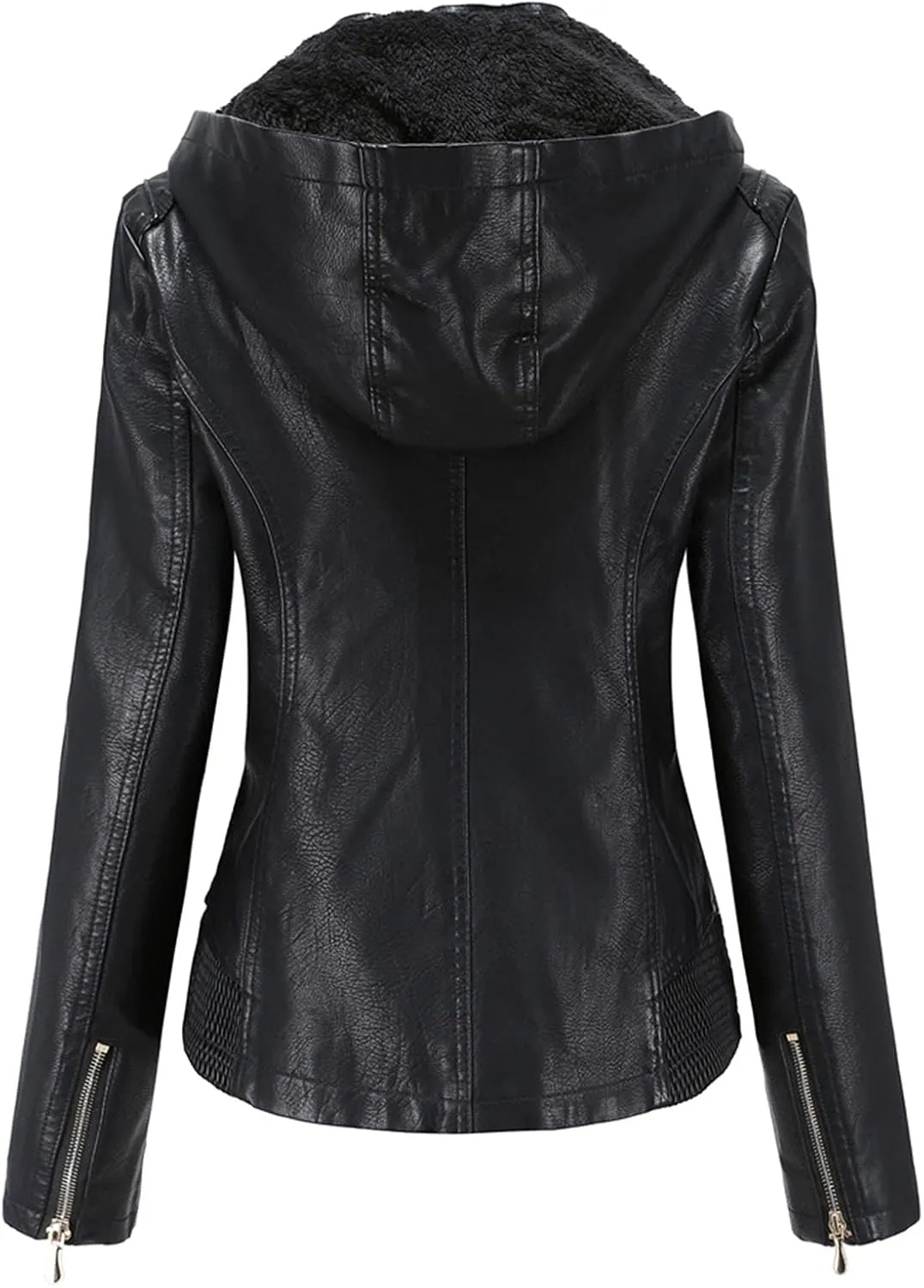 HALITOSS Women Classic Faux Leather PU Moto Biker Jacket Slim Fit Casual Zip Up Inner Fleece Coat With Hoodies
