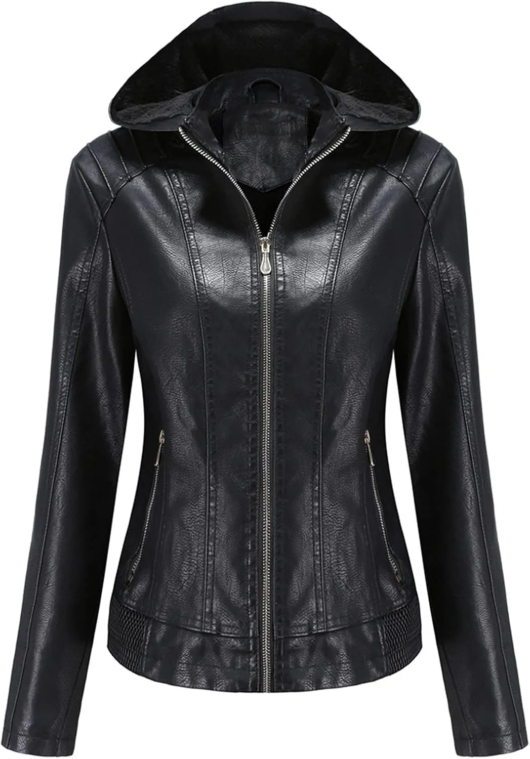 HALITOSS Women Classic Faux Leather PU Moto Biker Jacket Slim Fit Casual Zip Up Inner Fleece Coat With Hoodies