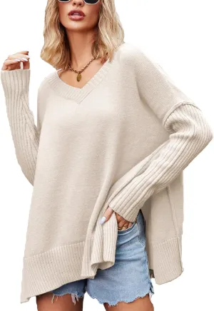 hathne Oversized V Neck Sweater for Women Casual Long Sleeve Side Split Hem Pullover Top 2024 Knit Tunic Jumper