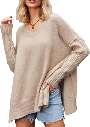 hathne Oversized V Neck Sweater for Women Casual Long Sleeve Side Split Hem Pullover Top 2024 Knit Tunic Jumper