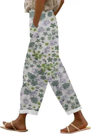 Hawaii Capri Linen Pants for Women Casual Tropical Floral Print Elastic High Waist Drawstring Summer Beach Trousers