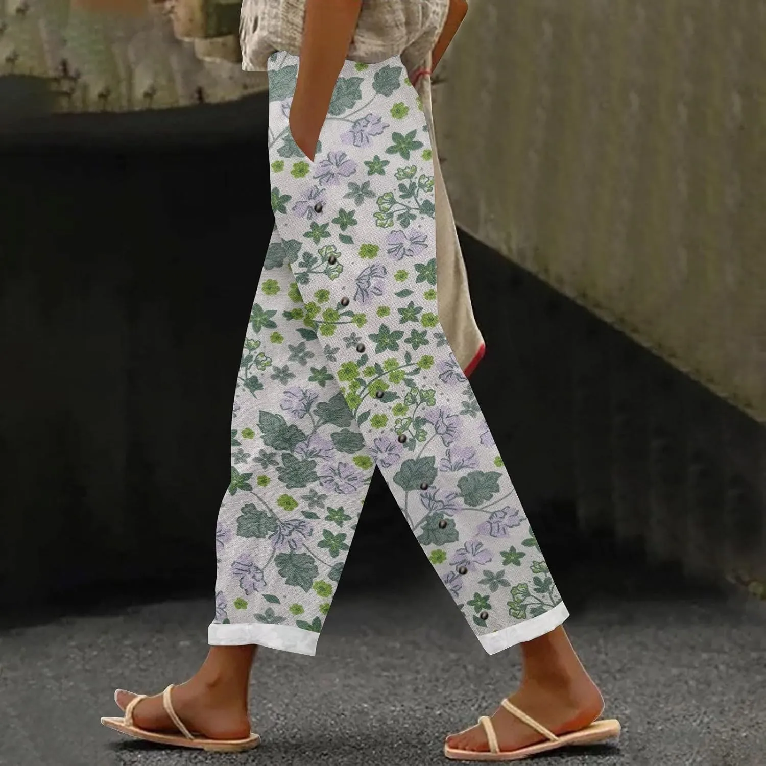 Hawaii Capri Linen Pants for Women Casual Tropical Floral Print Elastic High Waist Drawstring Summer Beach Trousers