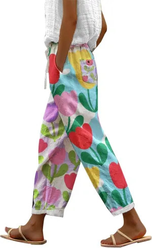 Hawaii Capri Linen Pants for Women Casual Tropical Floral Print Elastic High Waist Drawstring Summer Beach Trousers