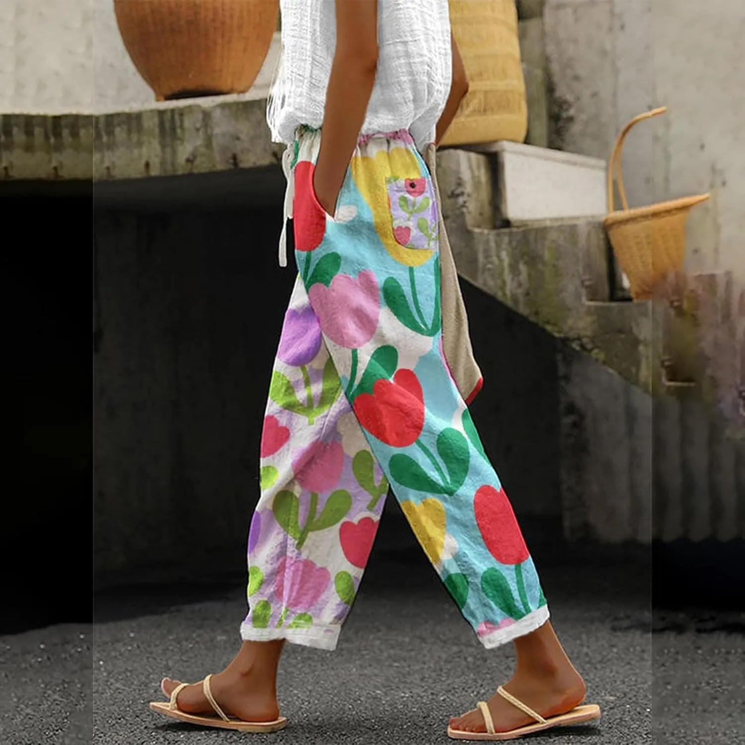 Hawaii Capri Linen Pants for Women Casual Tropical Floral Print Elastic High Waist Drawstring Summer Beach Trousers