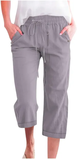 hlysgo Capri Pants for Women High Waisted Drawstring Cotton Linen Casual Pants 2025 Summer Comfy Plus Size Cropped Trouser