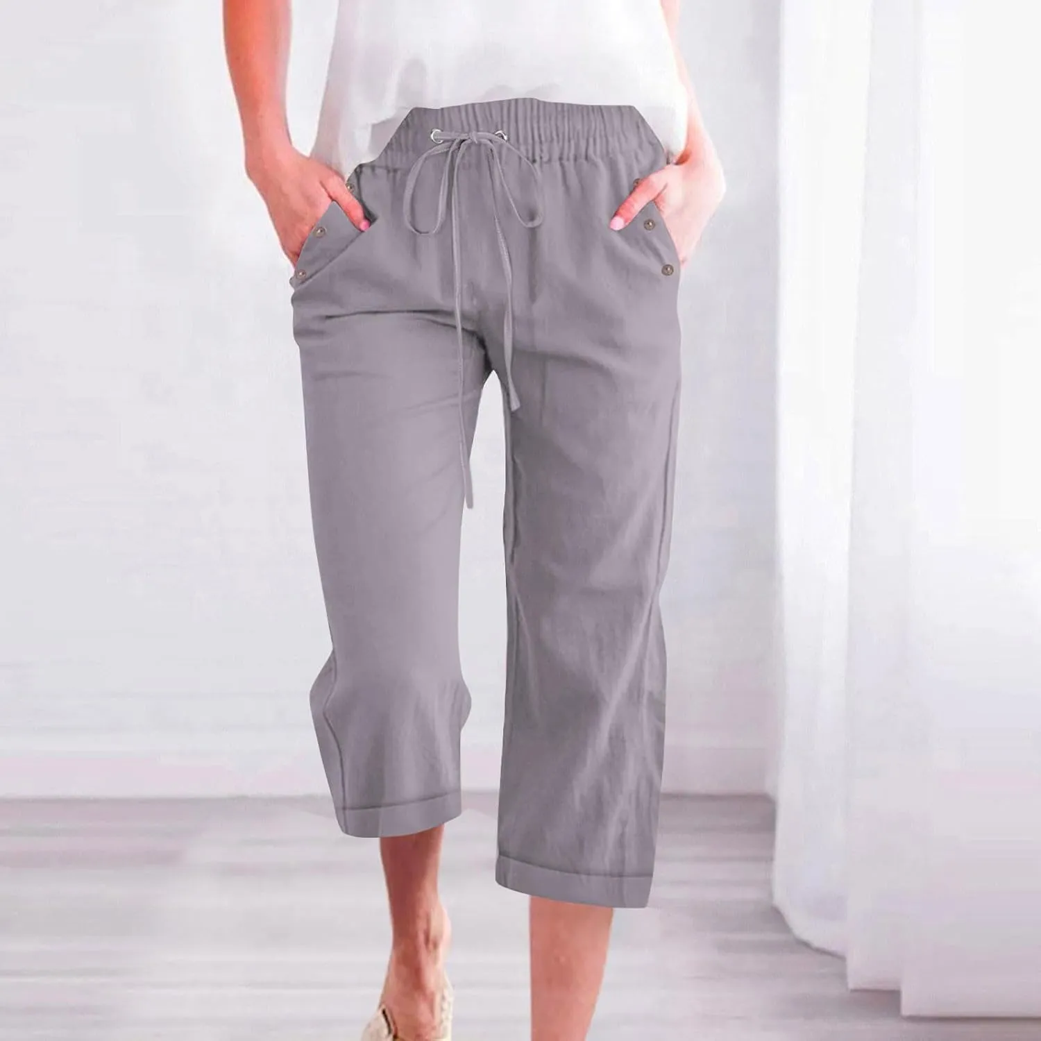 hlysgo Capri Pants for Women High Waisted Drawstring Cotton Linen Casual Pants 2025 Summer Comfy Plus Size Cropped Trouser