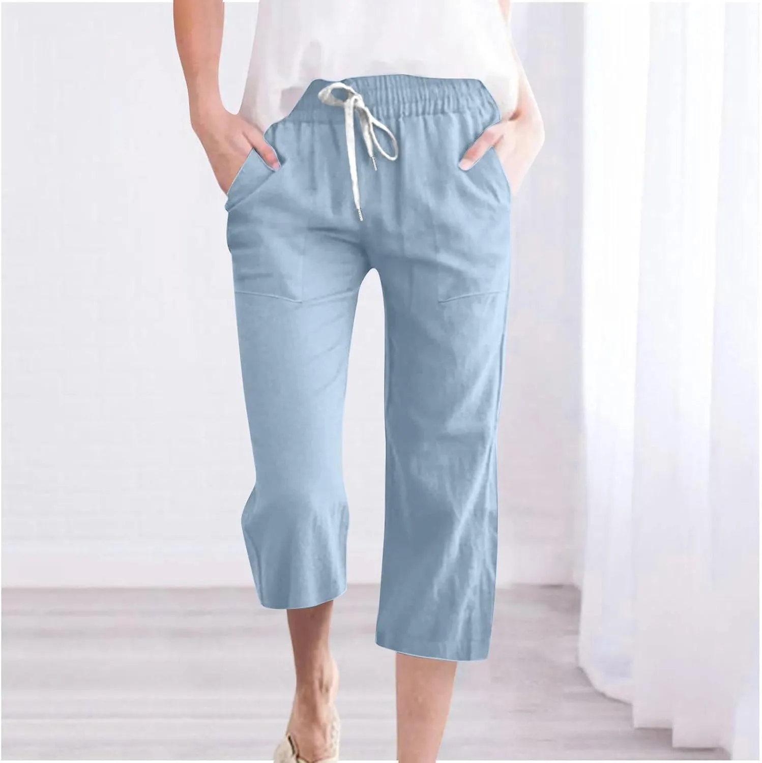hlysgo Casual Capri Pants for Women Drawstring Waist Straight Cotton Linen Pants 2025 Summer Comfy Beach Cropped Trouser