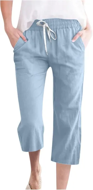 hlysgo Casual Capri Pants for Women Drawstring Waist Straight Cotton Linen Pants 2025 Summer Comfy Beach Cropped Trouser