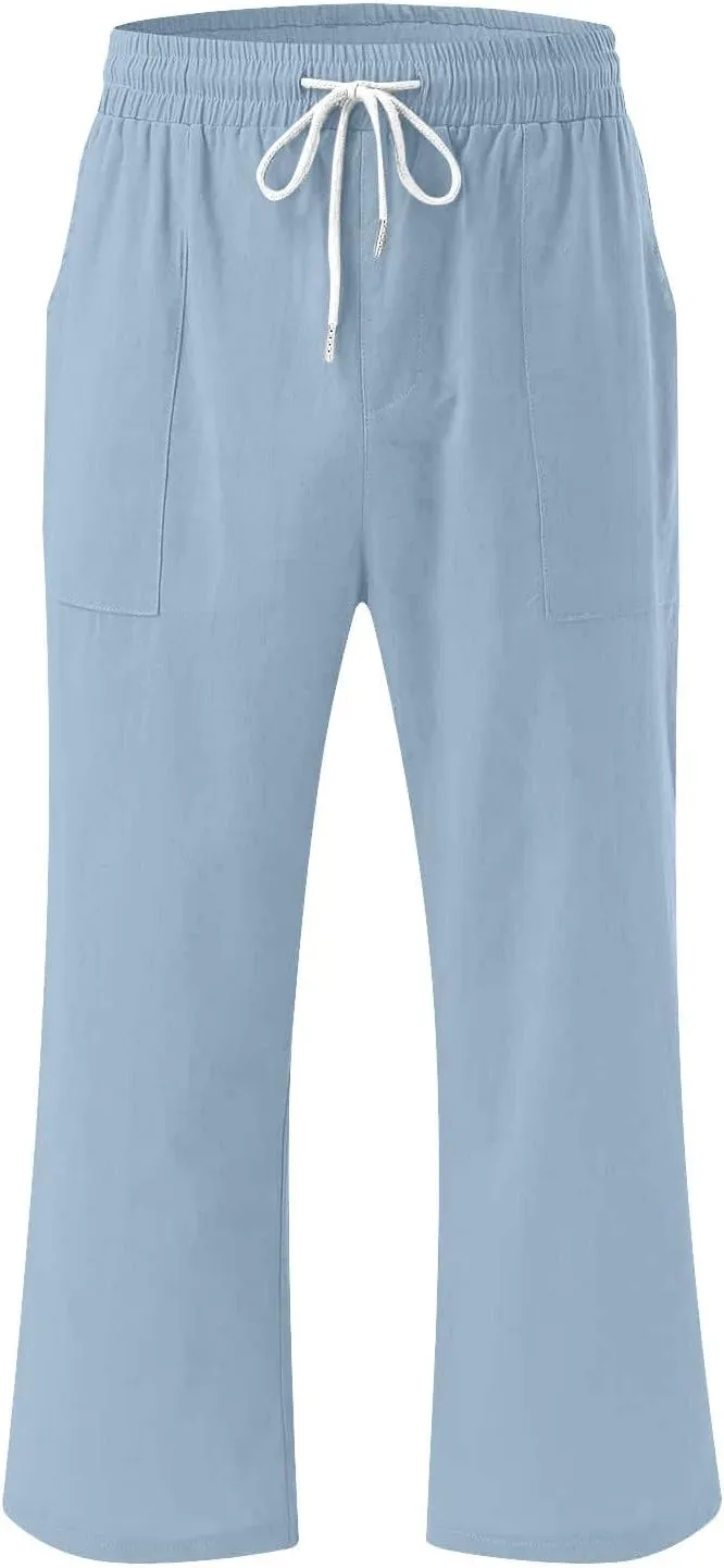 hlysgo Casual Capri Pants for Women Drawstring Waist Straight Cotton Linen Pants 2025 Summer Comfy Beach Cropped Trouser