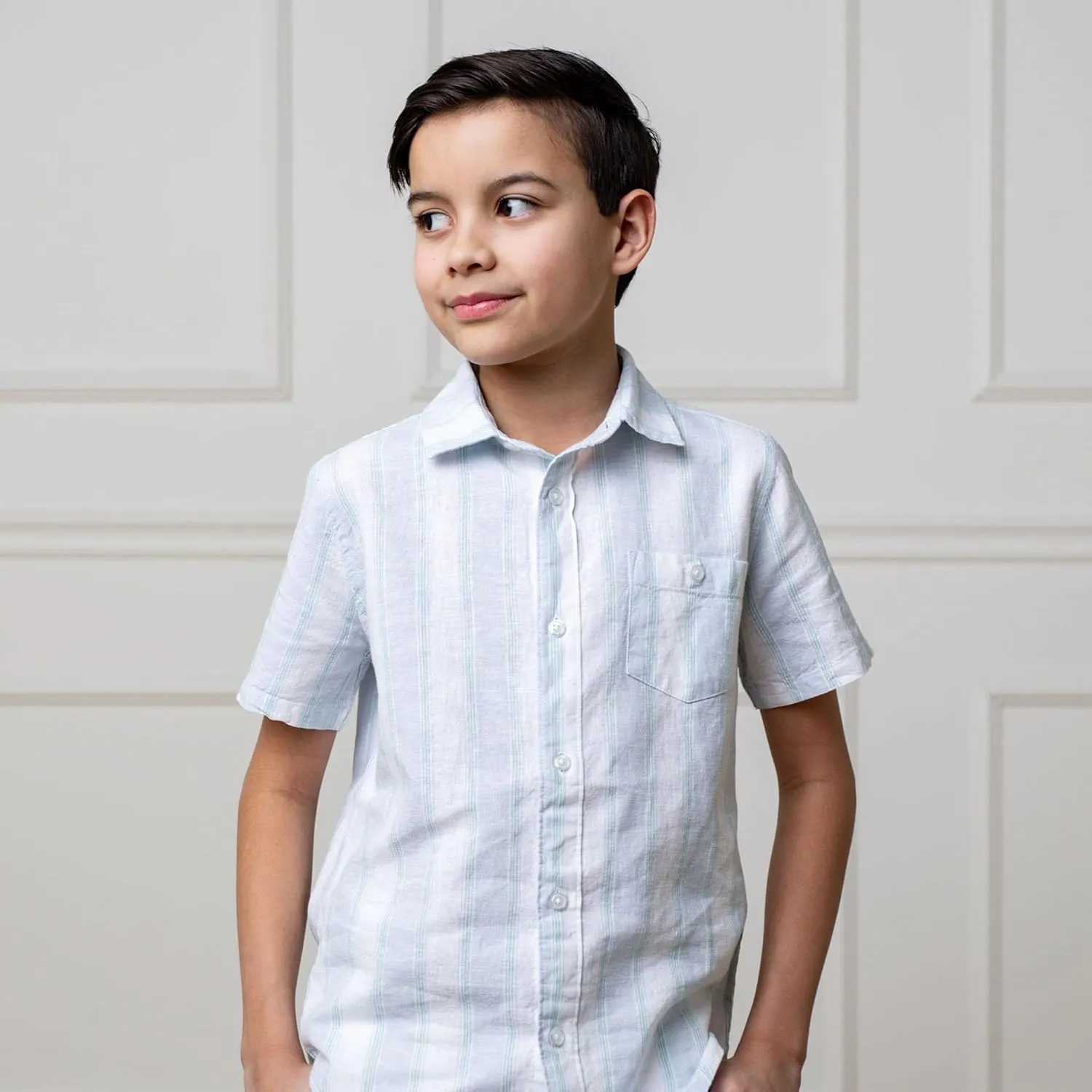 Hope & Henry Boys' Linen Short Sleeve Button Down Shirt