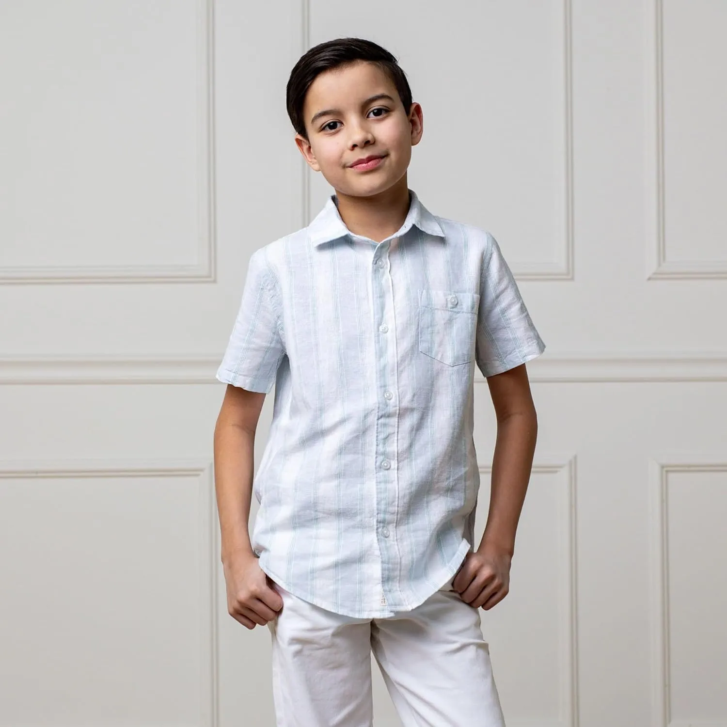 Hope & Henry Boys' Linen Short Sleeve Button Down Shirt