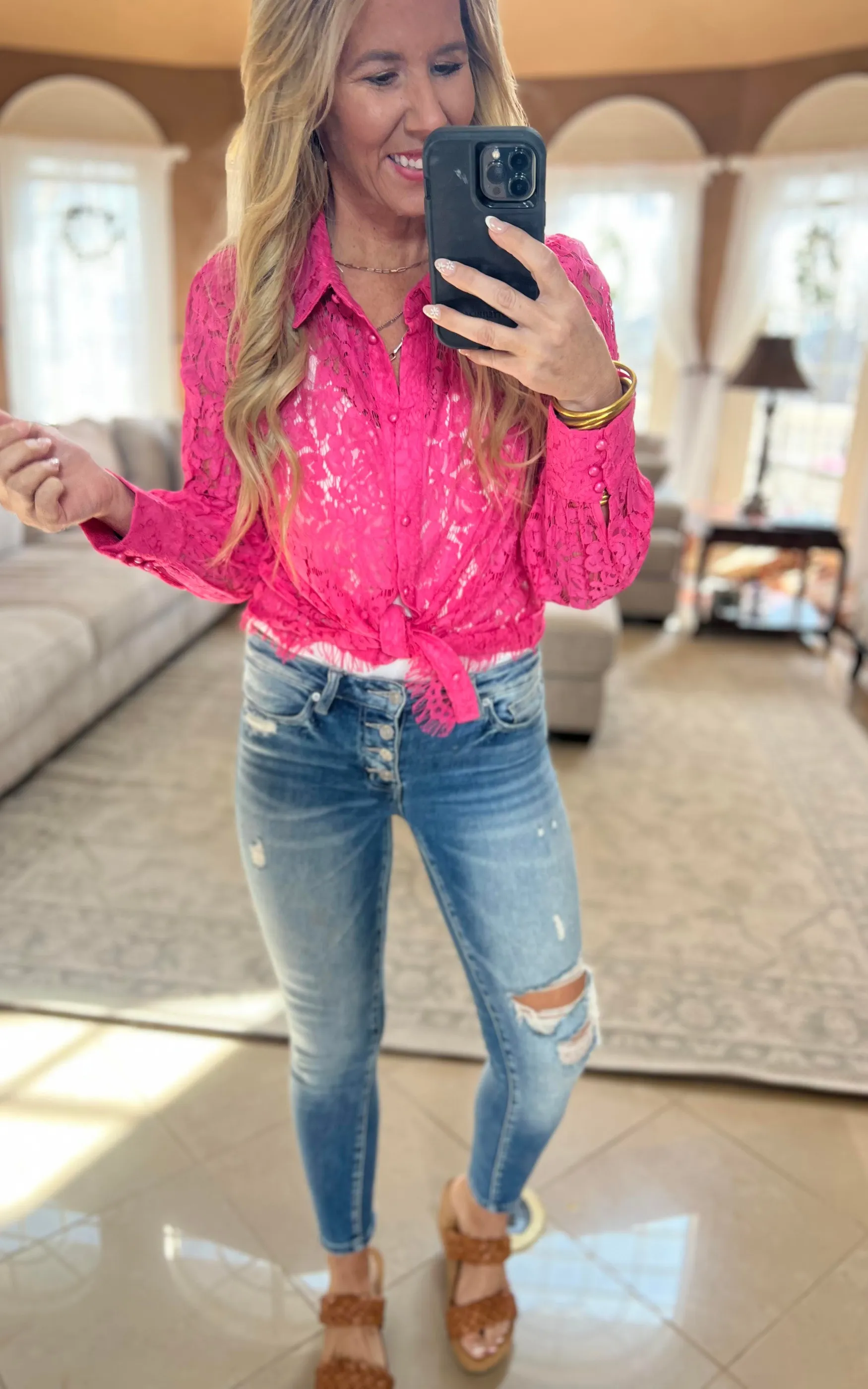 Hot Pink Crochet Lace Blouse - Final Sale