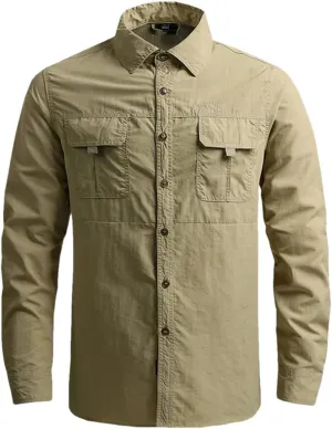 Hot Tactical Hiking Shirts Men Long Sleeve Cargo Work Shirt Summer Outdoor Quick-Dry Military Camping Hunting Fishing Work Shirt Long-Khaki Asian-M