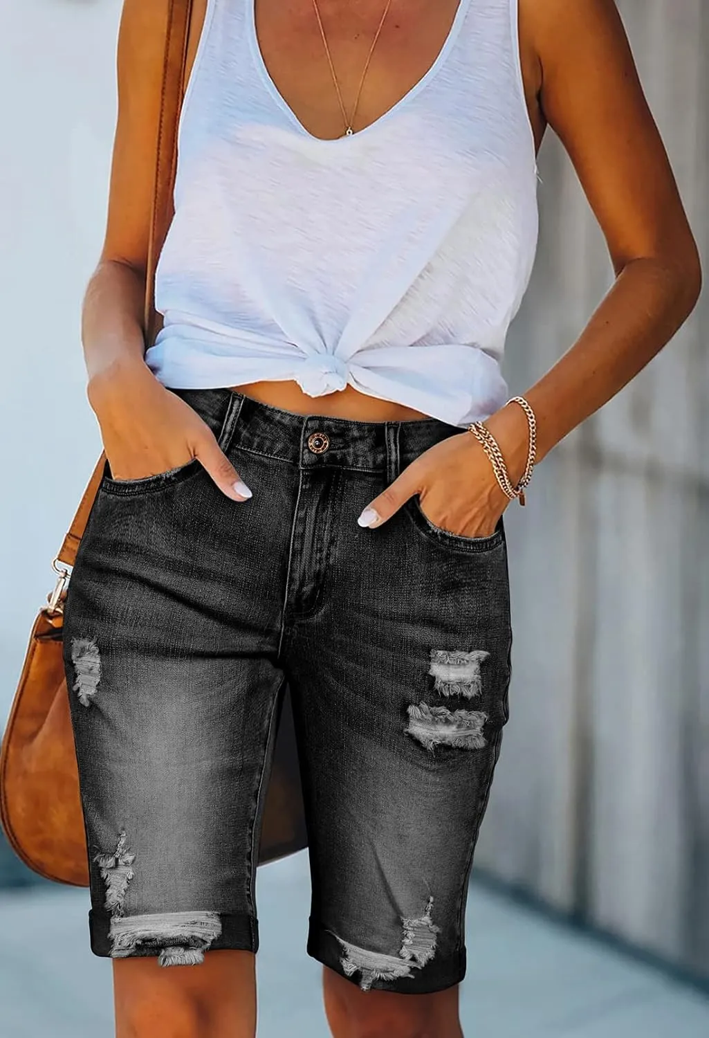 HUUSA Women's High Waist Ripped Denim Shorts Frayed Hem Destroyed Mid Thigh Short Jeans Casual Bermuda Shorts with Pocket
