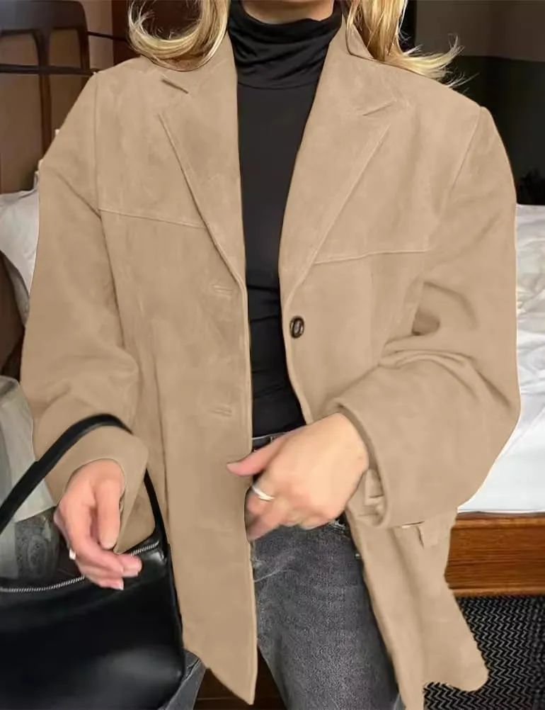 IDEALSANXUN Womens Suede Jacket Fall Winter Fashion Casual Oversized Faux Leather Blazer Jacket Trench Coat