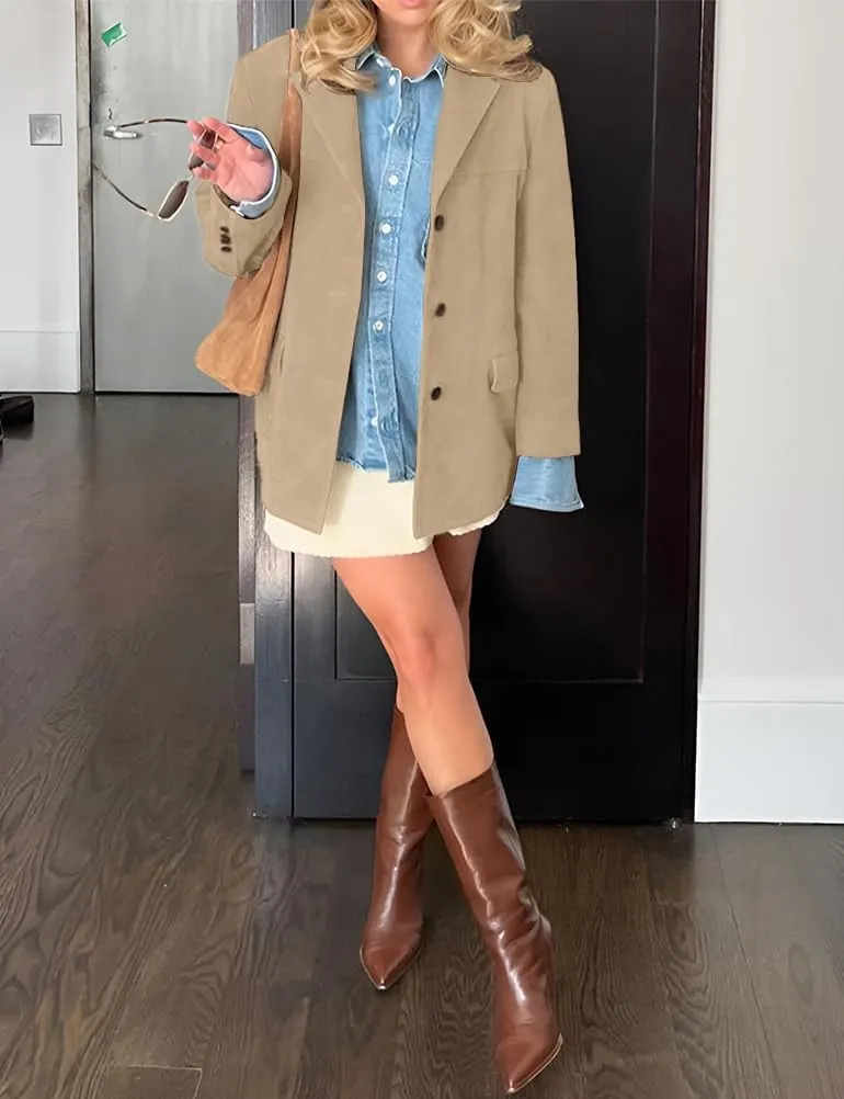 IDEALSANXUN Womens Suede Jacket Fall Winter Fashion Casual Oversized Faux Leather Blazer Jacket Trench Coat