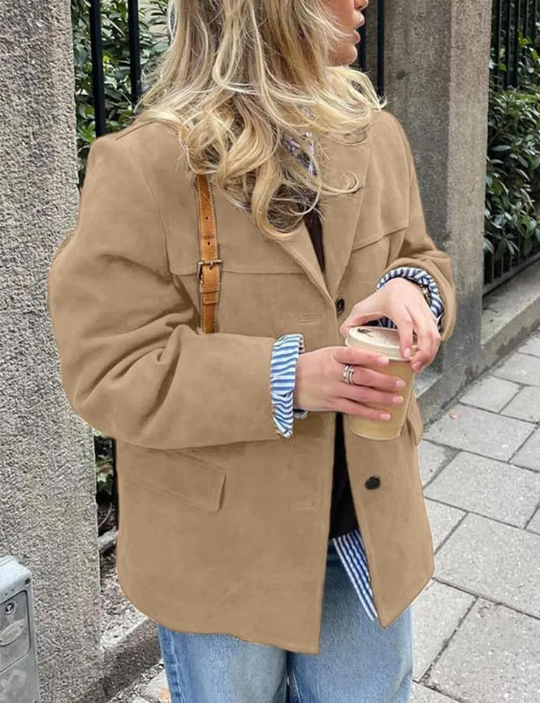 IDEALSANXUN Womens Suede Jacket Fall Winter Fashion Casual Oversized Faux Leather Blazer Jacket Trench Coat