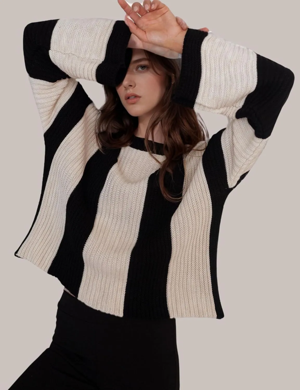 InterNos Womens Striped Bell Sleeve Pullover Sweater Loose Color Block Crew Neck Vertical Knitwear