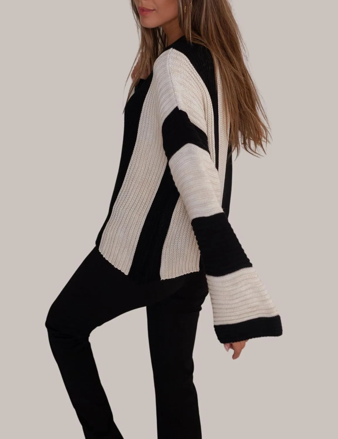 InterNos Womens Striped Bell Sleeve Pullover Sweater Loose Color Block Crew Neck Vertical Knitwear